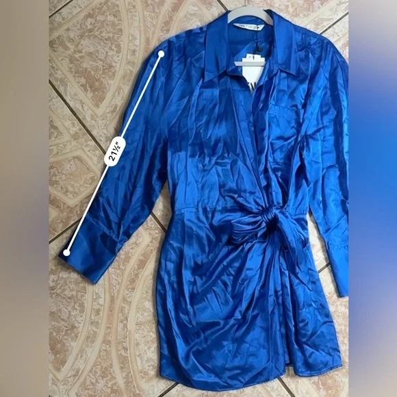 Zara Blue Wrap Around Long Sleeve Dress with Elegant Draping - Picture 7 of 11